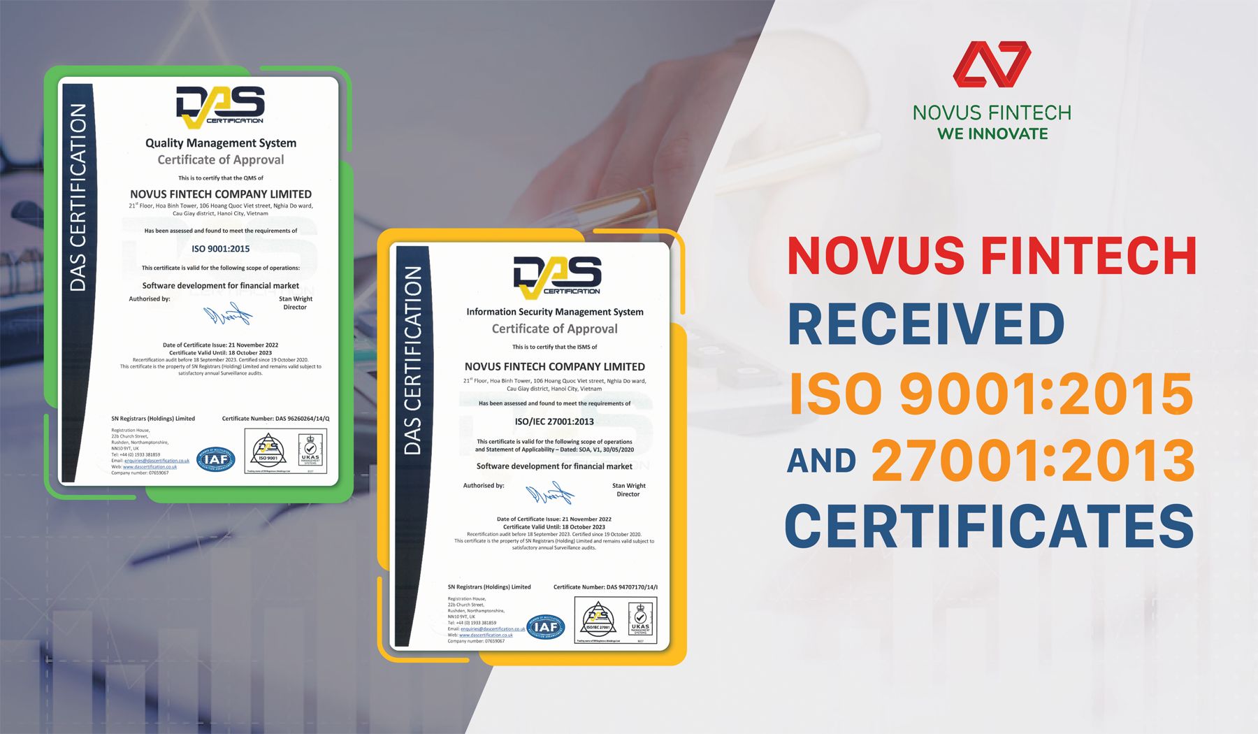 Honored to achieve an ISO Certificate, Novus Fintech affirms 15 years of efforts