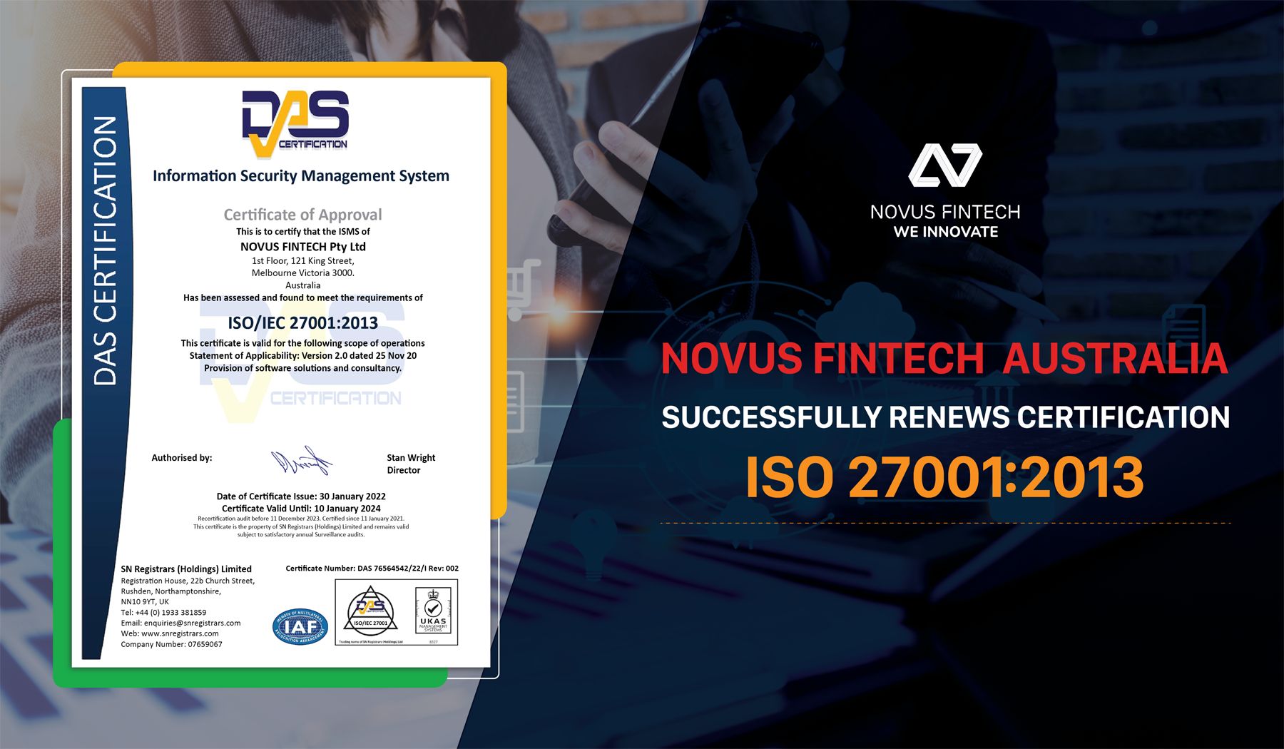 Novus Fintech Australia Gia hạn Thành công Chứng nhận ISO 27001:2013